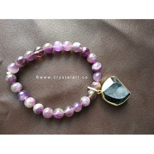 Black Onyx Sulemani Druzy Charm With Amethyst 8 MM Plane Beads Bracelets