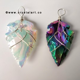 Aura Opalite And Obsidian Heart Shape Wire Wrapped 1.5 Inch Arrowhead Pendants Unisex Pack Of Two