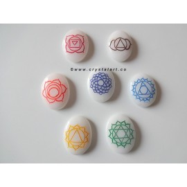 White King Agate Chakra symbol Engraved Cabochon Set