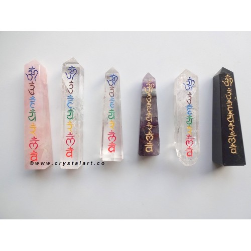 Mix Gemstone Chakra Sanskrit Symbol Engraved Tower Points