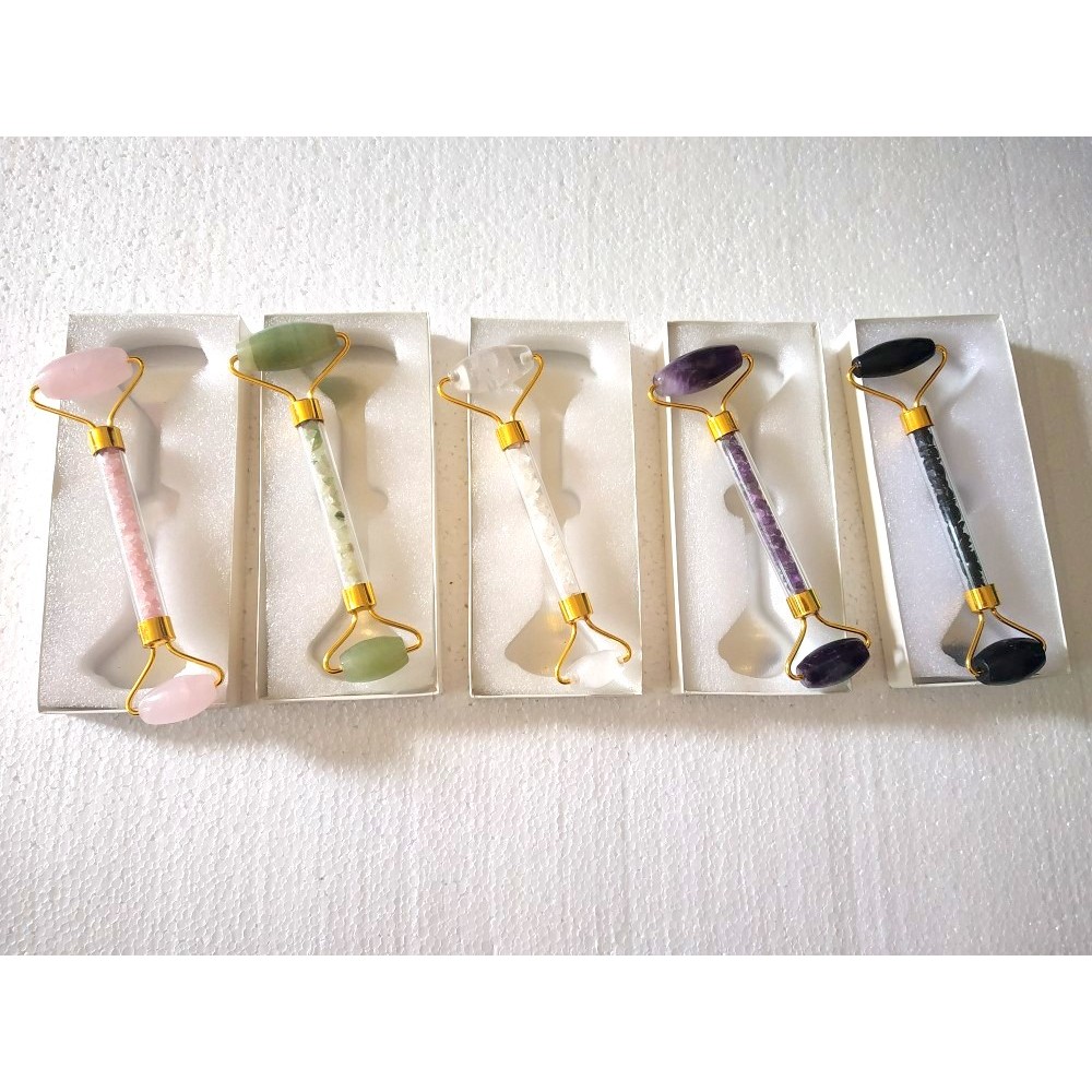 Mix Gemstone Golden Massage Roller with Case and Chips Stone Inside Handle Pack of 5 Piece