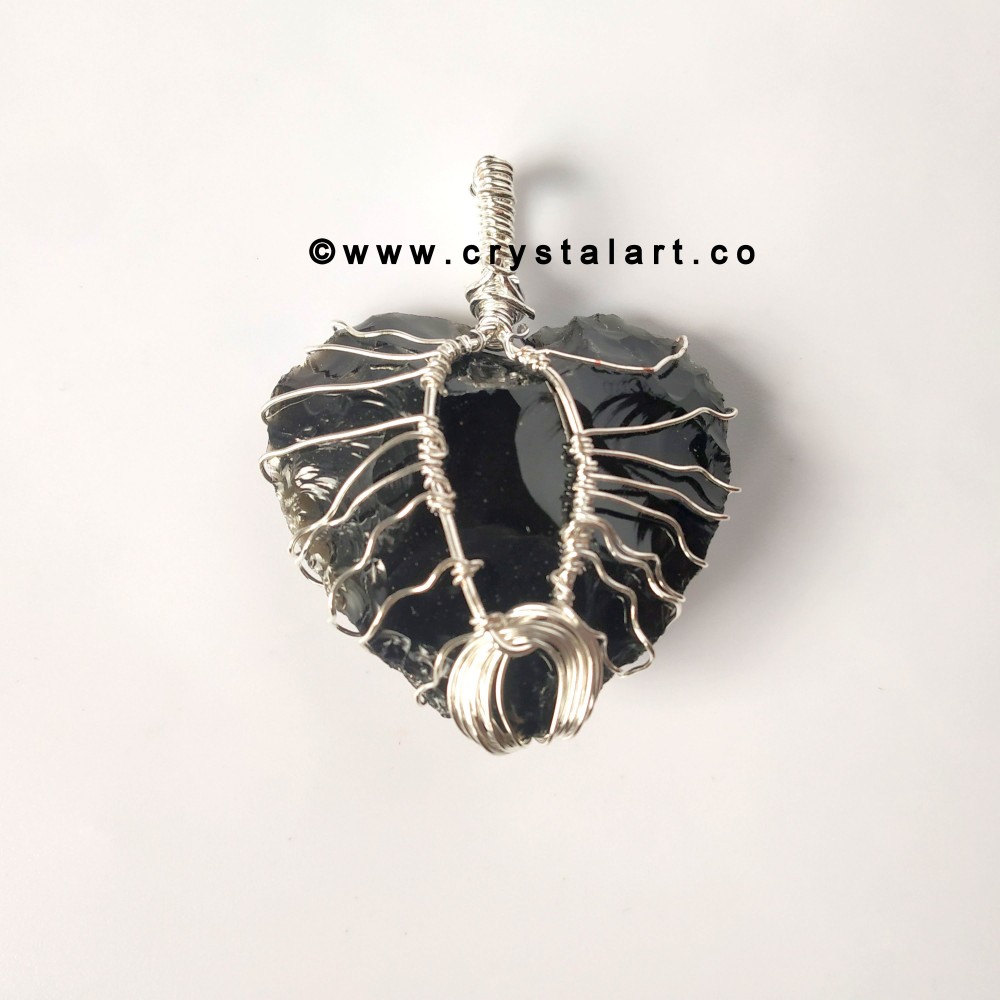 Obsidian Wire Wrapped 1.5 Inch Heart Shape Carving Arrowhead Pendants Unisex