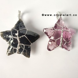 Obsidian and Amethyst Wire Wrapped 1.5 Inch Star of David Carving Arrowhead Pendants Unisex Pack of Two