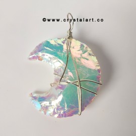 Aura Opalite Heart Shape Wire Wrapped 1.5 Inch Crescent Moon Shape Carving Arrowhead Pendants Unisex