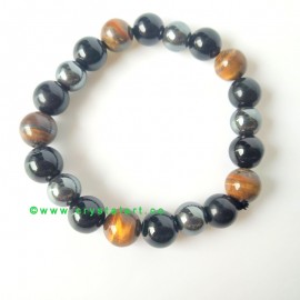 Triple Protection of Tiger Eye, Black Obsidian and Hematite 10 MM Plane Beads Bracelets Unisex