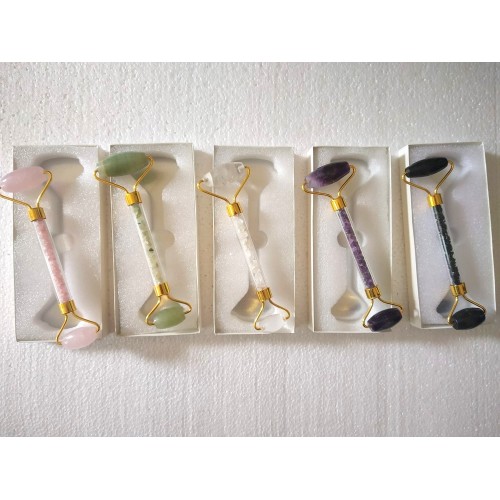 Mix Gemstone Golden Massage Roller with Case and Chips Stone Inside Handle Pack of 5 Piece