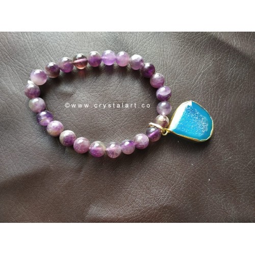 Amethyst with Blue Onyx Druzy Charm 8 MM Plane Beads Bracelets