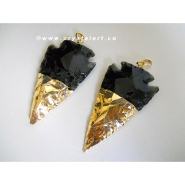 Black Obsidian Half Golden Electroplated Arrowheads Pendant