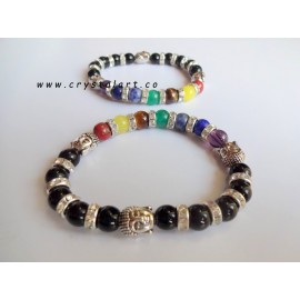 Black Obsidian with Seven Chakra Plane Beads Bracelets with Face of Buddha