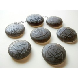 Black Obsidian Seven Chakra Symbol Emboss Cabochon Set