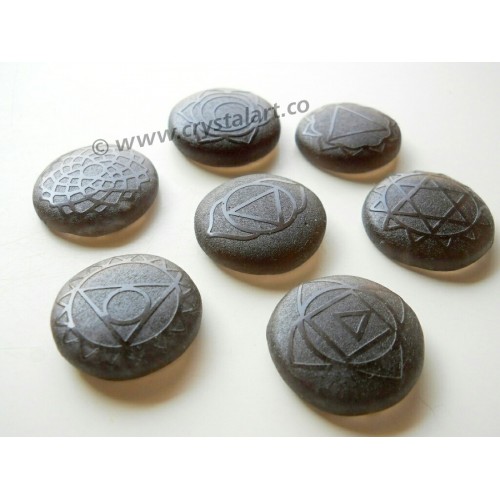 Black Obsidian Seven Chakra Symbol Emboss Cabochon Set