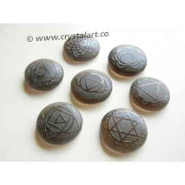 Black Obsidian Seven Chakra Symbol Emboss Cabochon Set