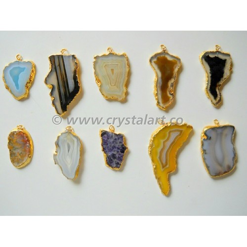 Assorted Natural Banded Agate Electroplated Slices Pendants for Wholesale