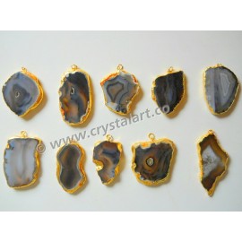 Black Banded Agate Natural Design Electroplated Slices Pendants