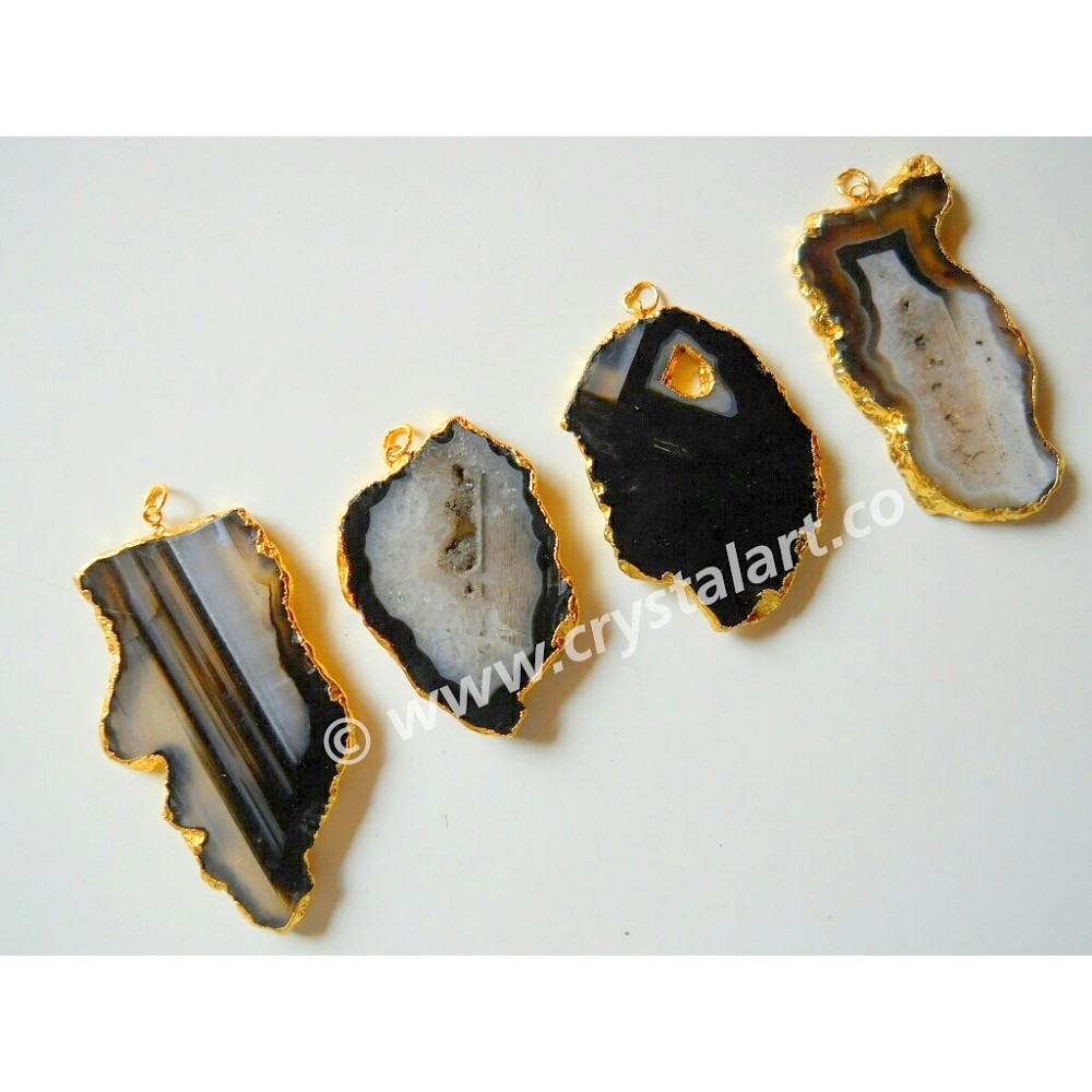 Black Banded Onyx Natural Design Electroplated Slices Pendants