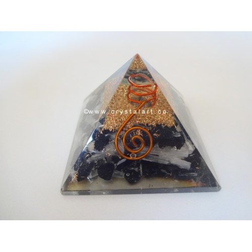 Selenite And Black Tourmaline With Crystal Point Orgone Pyramid