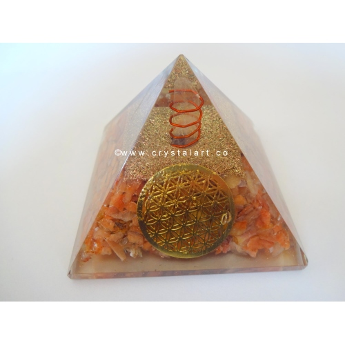 Orange Aventurine Flower Of Life Symbol With Crystal Point Orgone Energy Pyramid