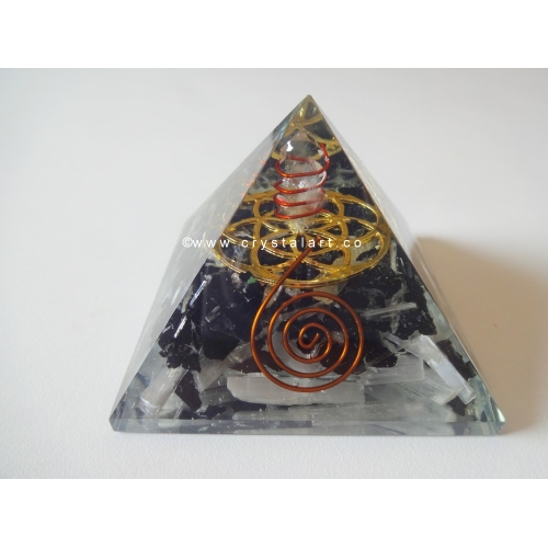 Black Tourmaline Selenite With Flower of life Symbol Orgone Pyramid