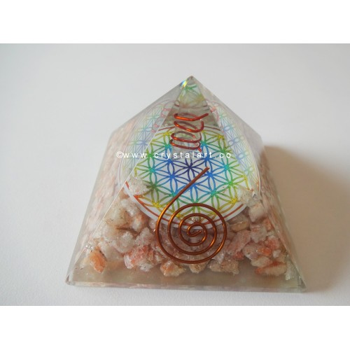 Sunstone Flower Of Life Symbol With Crystal Point Orgone Pyramid