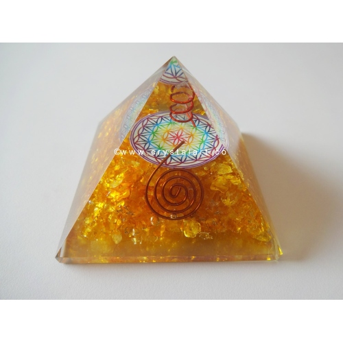 Citrine With Flower Of Life Symbol Crystal Point Orgone Pyramid