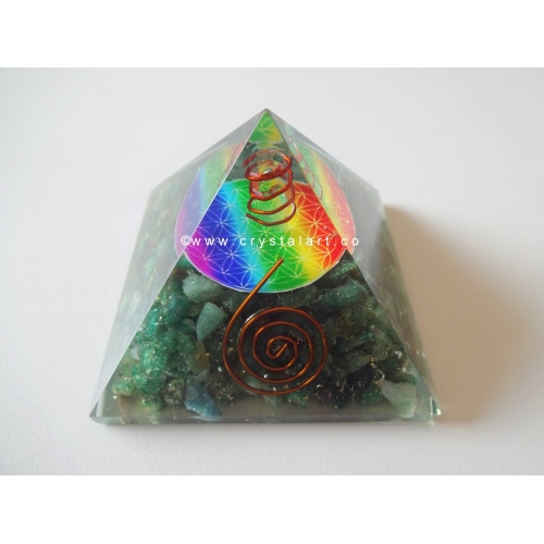 Green Aventurine Flower Of Life Symbol With Crystal Point Orgone Pyramid