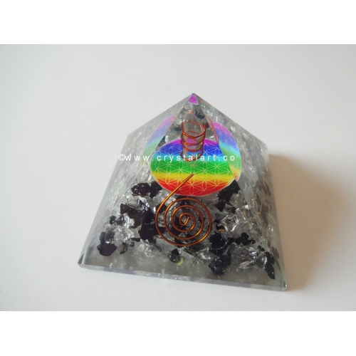 Black Tourmaline & Crystal Quartz Flower Of Life Symbol Orgone Pyramid