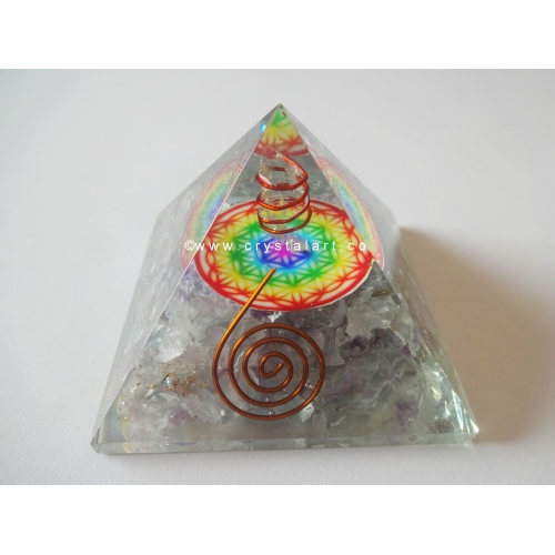 Multi Fluorite Flower Of Life Symbol With Crystal Point Orgone Pyramid