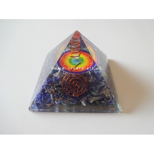 Sodalite Flower Of Life Symbol With Crystal Point Orgone Pyramid