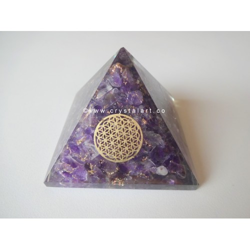 Amethyst Agate With Metal Flower of Life Symbol Orgone Pyramid