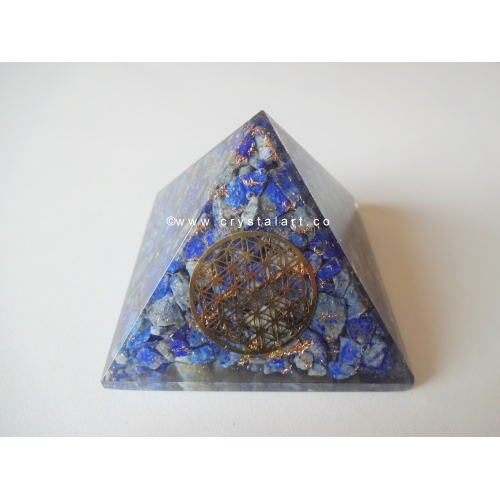 Lapis Lazuli With Metal Flower of Life Symbol Orgone Pyramid