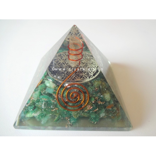 Green Aventurine With Metal Flower of Life Symbol Inside Orgone Pyramid