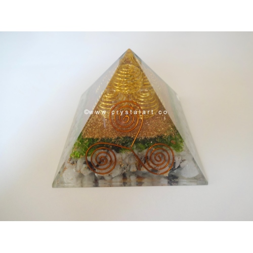 Rainbow Moonstone & Perrdot Metal Spiral Orgone Pyramid