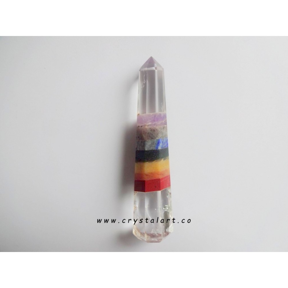 Seven Chakra Bonded Faceted Clear Quartz Point Obelisk