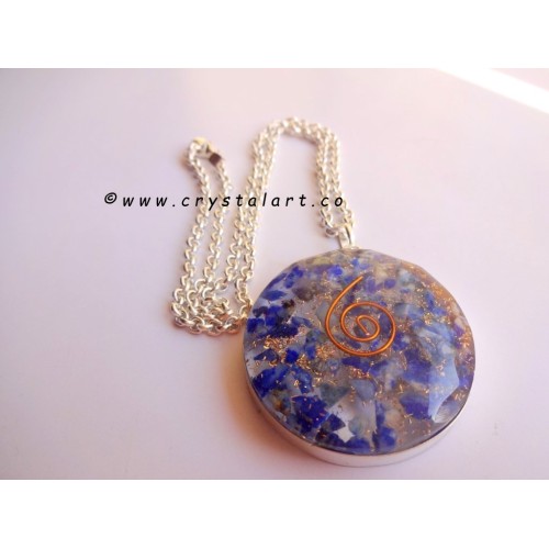 Lapis Lazuli Plane Round Orgone Cabochon Pendants with Chain