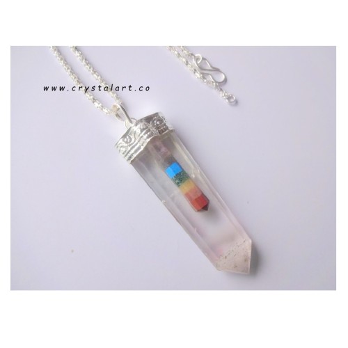 Clear Crystal Quartz Attached Chakra point Chain Flat Pendants