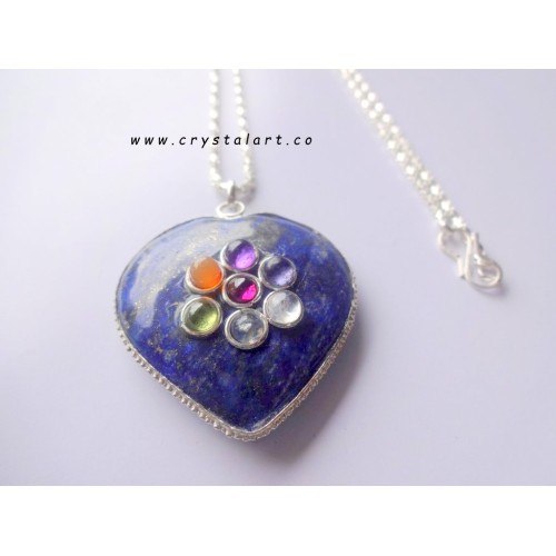 Lapis Lazule Puffy Heart Shape Chakra Stone Chain Pendants