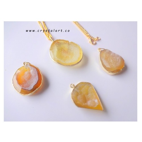 Yellow Onyx Agate Druzy Golden Chain Pendants