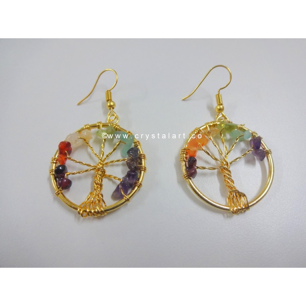 7 Chakra Tree Of Life Golden Earrings Set