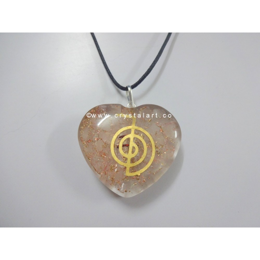 Rose Quartz Heart Shape With Reiki Symbol Crystal Point Orgone Pendants