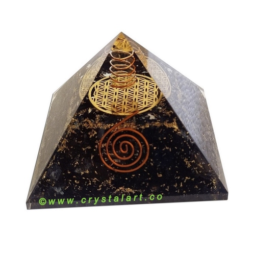 Flower Of Life Copper Coil Black Tourmaline Healing Crystal Point 70 MM Orgone Big Size Pyramid