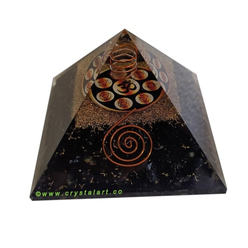 OM In Chakra Symbol Black Tourmaline Healing Crystal Point 70 MM Orgone Big Size Pyramid