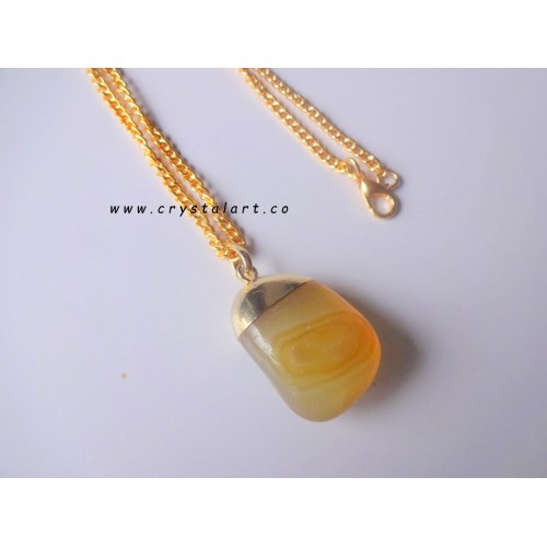 Yellow Onyx Agate Tumbled Stone Golden Cap Chain Pendants