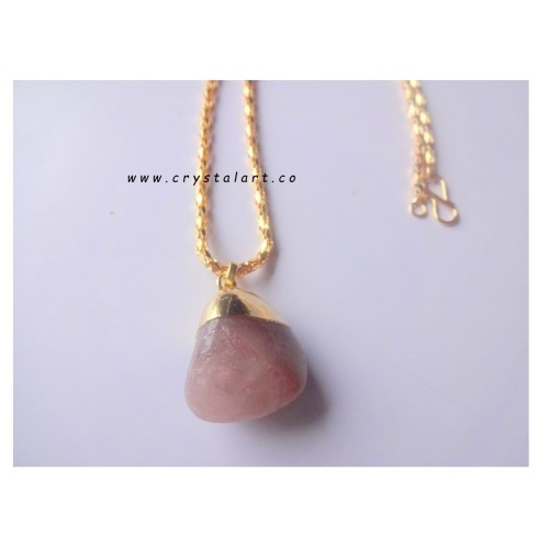 Natural Rough Stone Rose Quartz Tumbled Golden Cap Chain Pendants