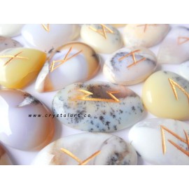 White Dendritic Agate Flate Stone Rune Set