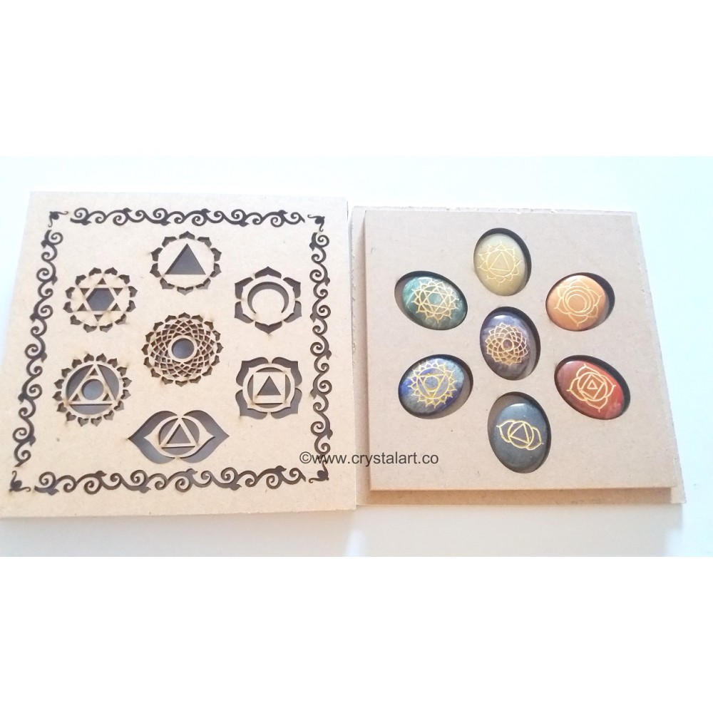 7 Chakra Cabochon Set With Chakra Symbol Wooden Case