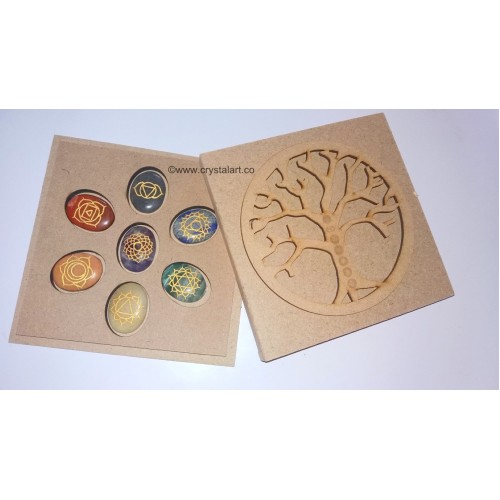 7 Chakra Cabochon Set With Engraved Tree of Life Wooden Case