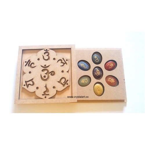 7 Chakra Sanskrit Symbol Engraved Cabochon Set With Sanskrit Symbol Wooden Case