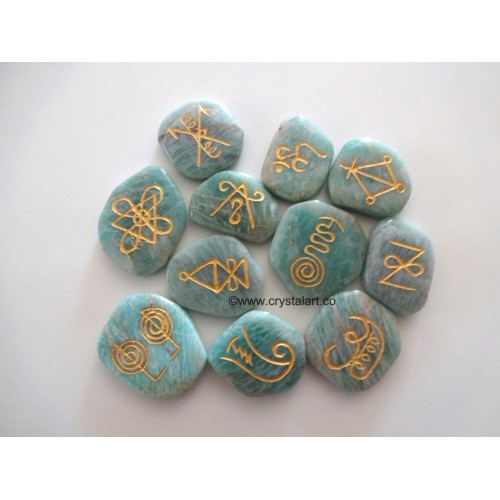 Amazonite Uneven Shape Karuna Reiki Engaved Palm Stone Set