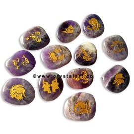 Dark African Amethyst Uneven Shape Engraved Zodiac Sign Worry Stones 12 Piece Set