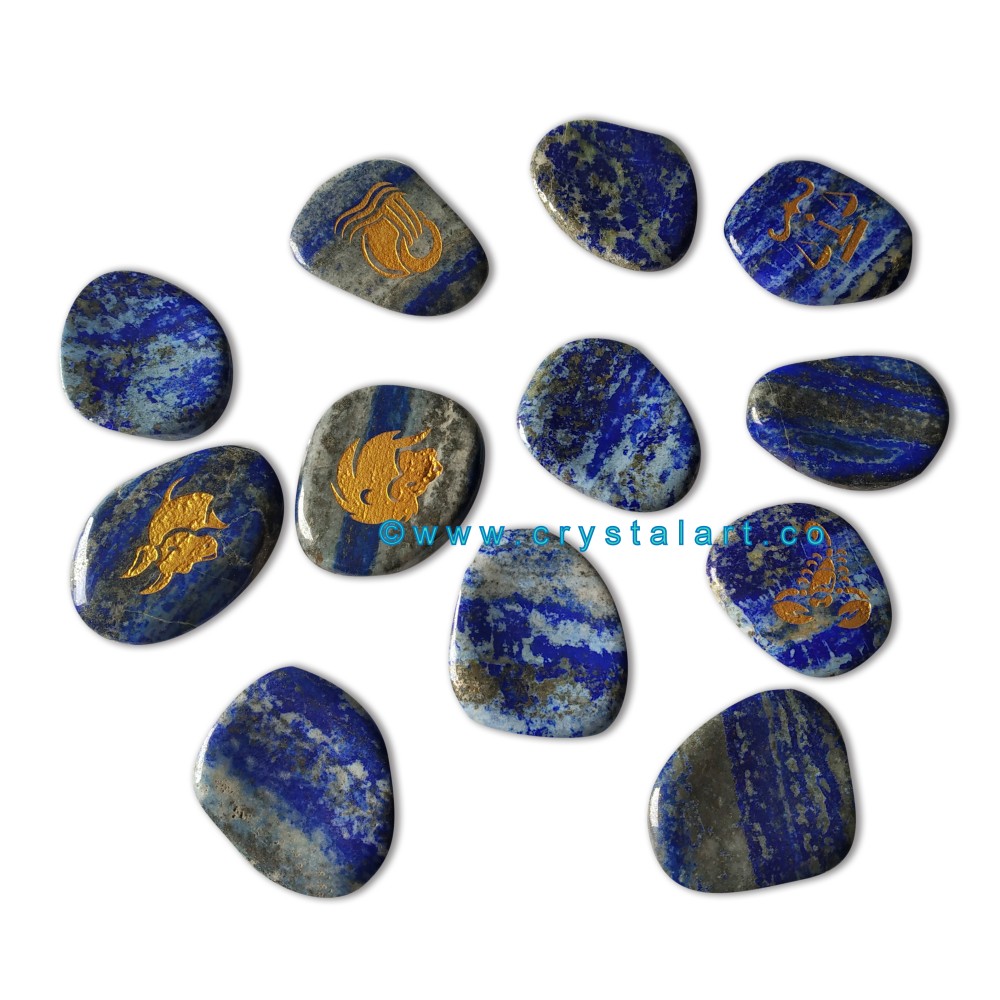 Lapis Lazule Uneven Shape Engraved Zodiac Sign Worry Stones 12 Piece Set